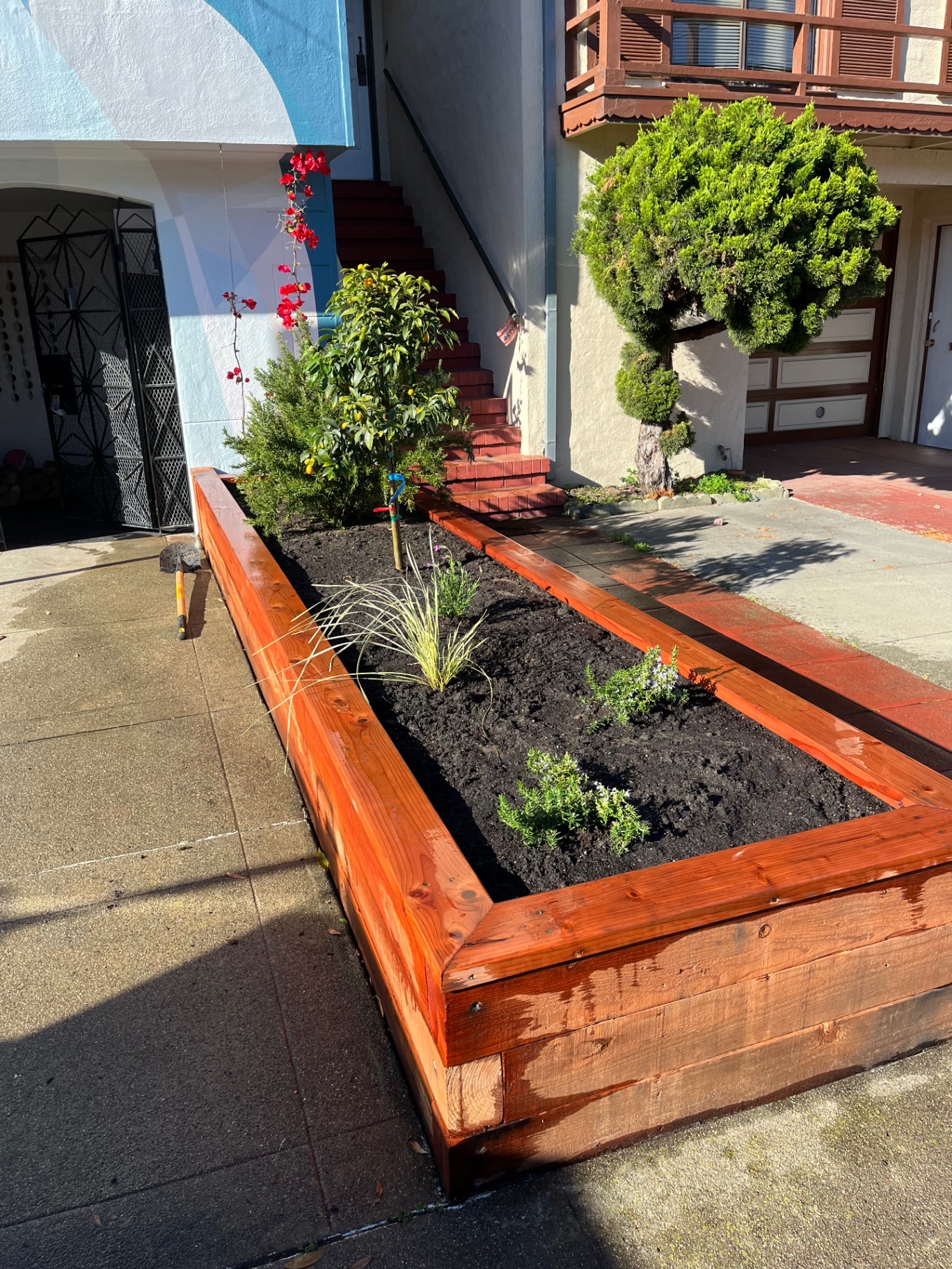 Redwood raised planter bed